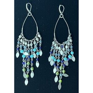 Dangle Earrings Loop Chandelier Blue Beaded Drop Silvertone Boho Hippie Festival